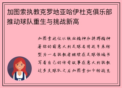 加图索执教克罗地亚哈伊杜克俱乐部推动球队重生与挑战新高