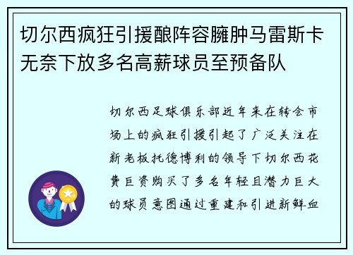 切尔西疯狂引援酿阵容臃肿马雷斯卡无奈下放多名高薪球员至预备队